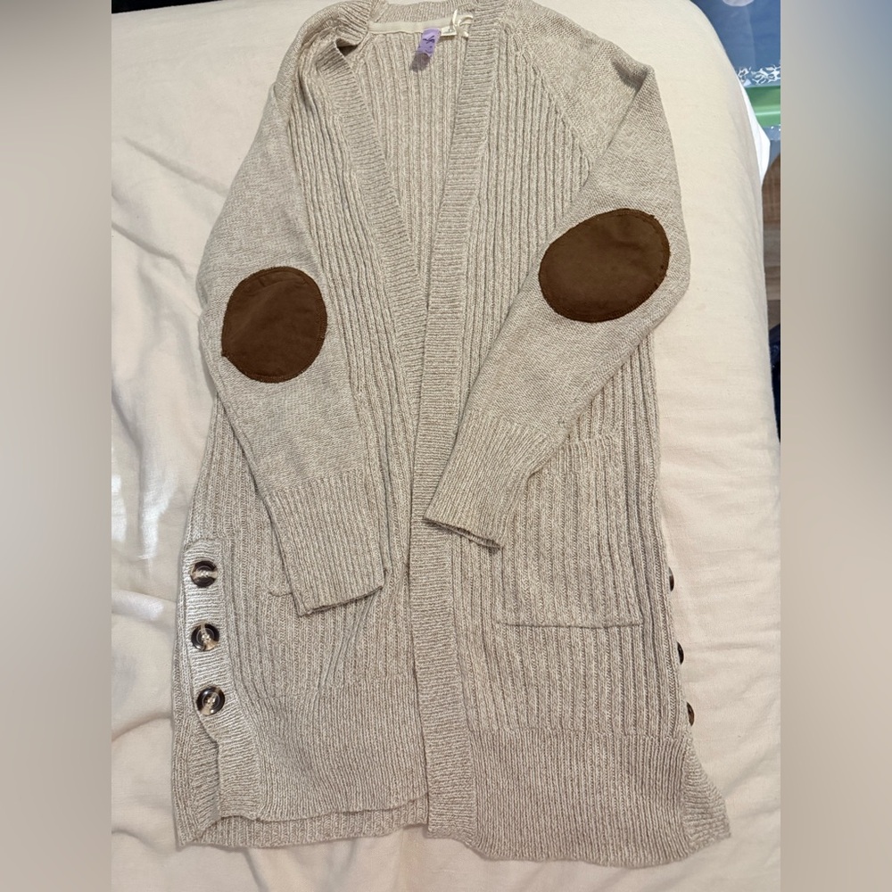 Francesca's Collections Cream Cardigan with Brown Patches